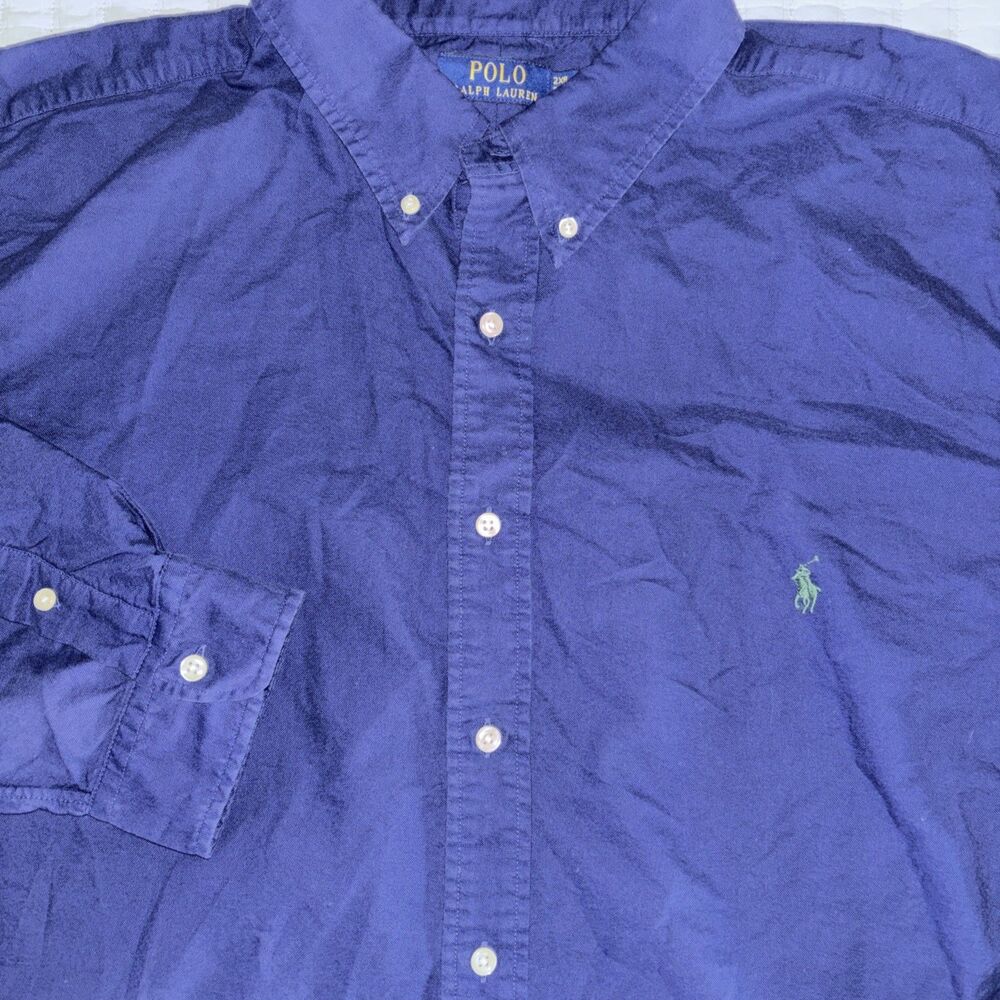 Polo Ralph Lauren Shirt Mens 2XLB Blue Button Up Indigo Green Pony Cotton
